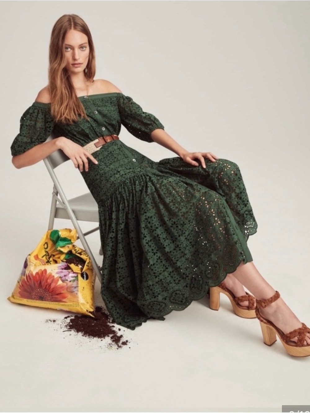 Veronica Beard Forest Green Off-Shoulder Eyelet Midi Dress